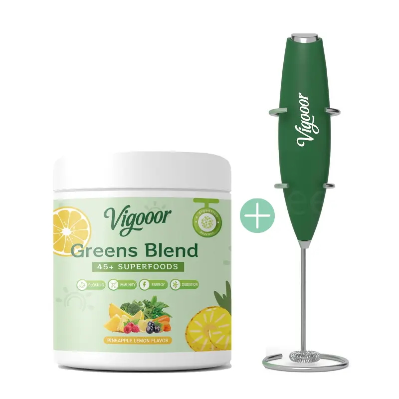Vigooor New Upgrade, Blender Included (Batteries Not Included) Green Superfood Powder - Digestive Support, Gut Health, Bloating Relief, With Probiotics and Antioxidants, No Added Sugar, No Additives, 240 oz Jar 8 oz 30 Days