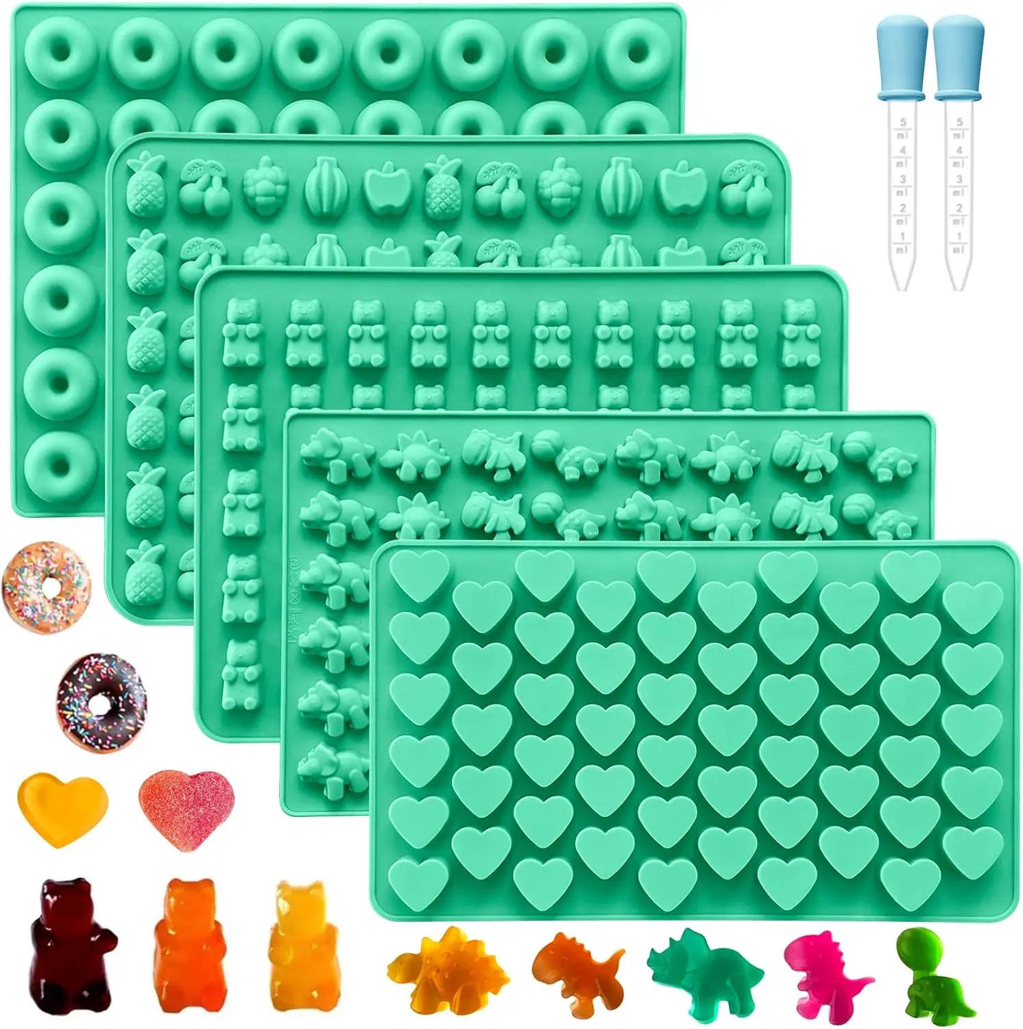 Molds Set of 5, Candy Mold  with 2 Droppers for Convenient Filling, Includes Dinosaur, Bear, Donut ( Molds Set of 5)
