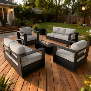 LayinSun Oversized Aluminum Outdoor Furniture Set, Patio Sofa Sets with 44 inchs Fire Pit Table, Deep Seating and Upgraded 6-inch Cushions for Porch, Balcony, Deck