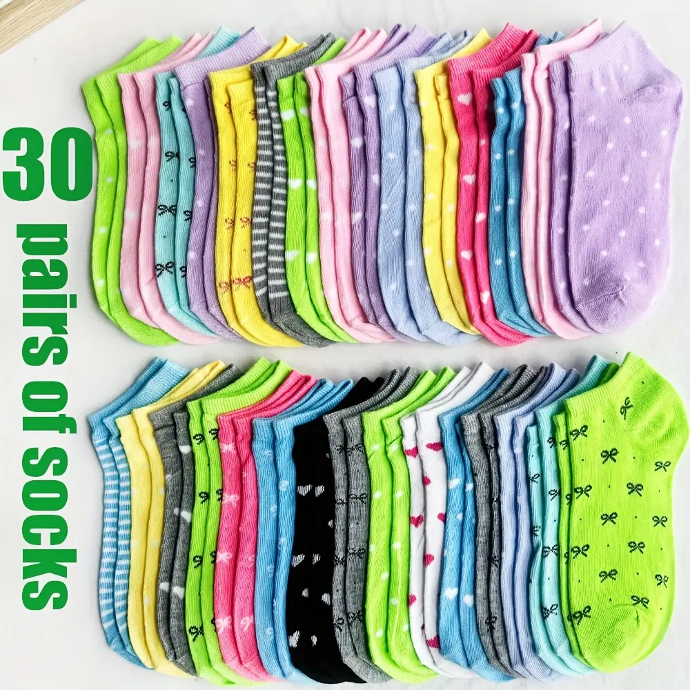 Women's Low-Top Non-Transparent Ankle Socks - 10/20/30/40 Pairs (20 Pairs Mixed Pack), Rainbow-Themed Candy-Colored Spandex-Polyester Comfy Feminine Soft Elastic Breathable Socks with Floral/Heart/Striped Patterns for Casual Running Everyday Use, Socks Fo