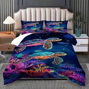 2/3 Pcs Iridescent Deep Sea Turtles Bedding Comforter Set, Comforter & 1/2 Pillowcases (no filler), All-Season, Turtle Pattern, Fits Bedroom/Fantasy Ocean Space/Dorm, Ideal for Ocean Lovers/Students/Holiday Gifting