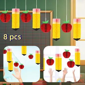 8pcs set Pencil and Apple Honeycomb Classroom Decor, Perfect for Back-to-School Party First Day School Office Home Ceiling Decoration Kit, Halloween Decorations, Christmas Decorations, Back to School Decoration