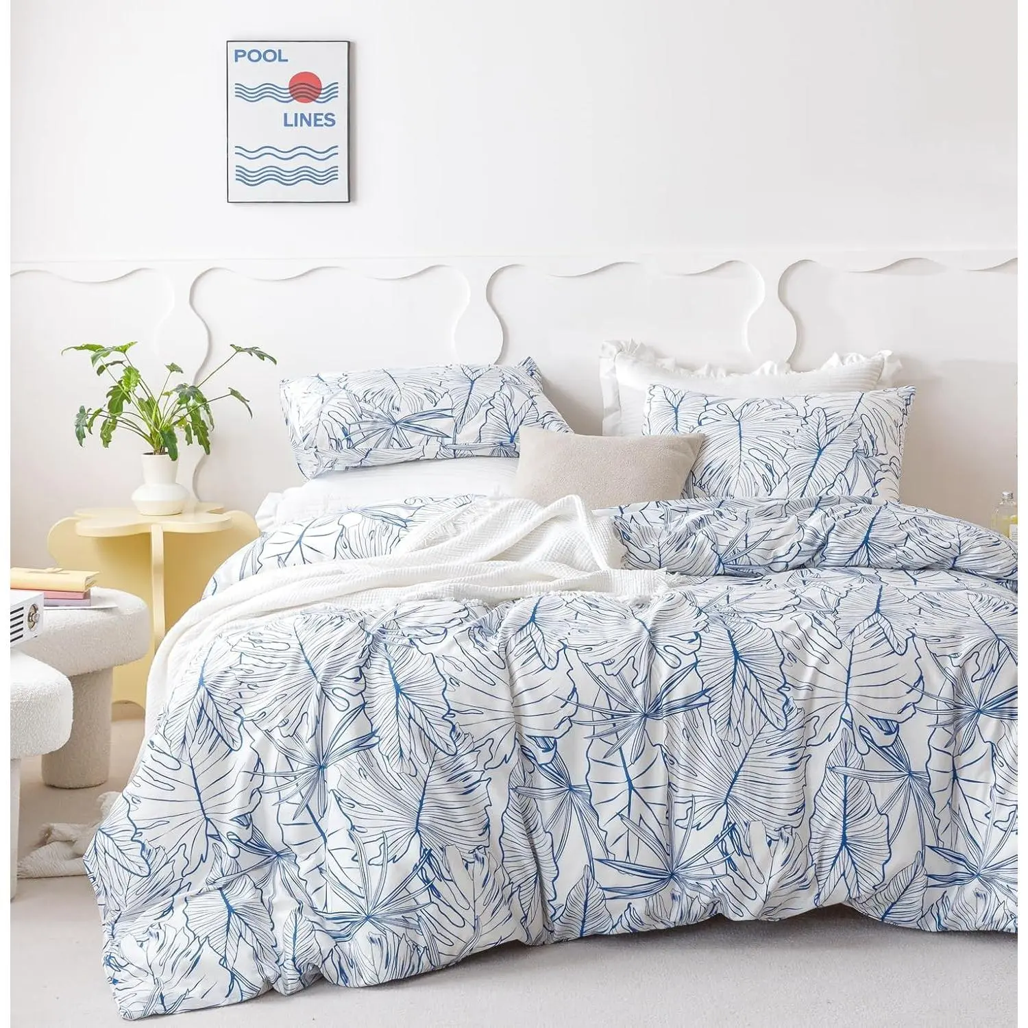 Blue Botanical Duvet Cover   Cotton 3 count Set 1 Tropical Monstera  Patterned Duvet Cover with Zipper Ties 2 Pillowcases Hawaiian Blue White Leaves Print Bedding Set Soft