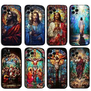 Classic Church Glass Jesus Christ Phone Cases For iPhone 17 Promax 16 15 14 13 12 11 Pro Max Plus Air Soft Silicone Black TPU Shockproof Cover Protection Best Gift of Birthday Christmas Halloween