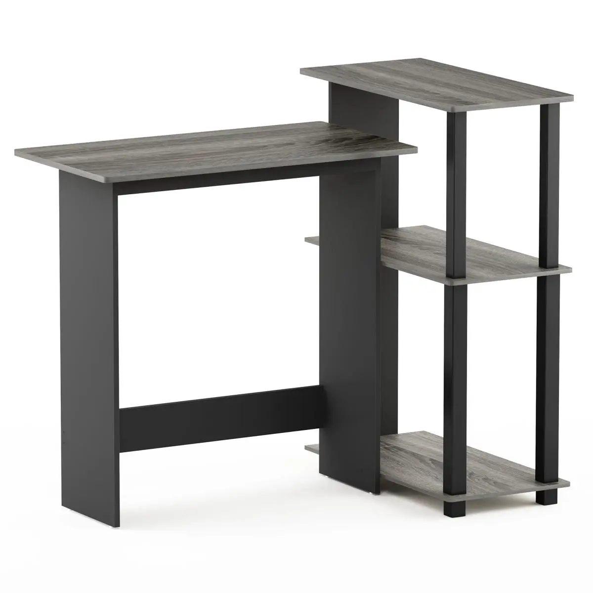 Furinno 16086R1GYW-BK Abbott Modern Corner Computer Desk - MDF Board, Integrated Bookshelf Rack, Stylish French Oak Grey & Black Finish, Office Writing Desk, Modern Corner Desk