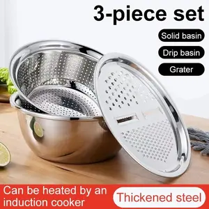 Stainless Steel Grater Bowl Set, Rice Sieve Drain Basin, Multifunctional Rice Strainer, Thickened Water Draining Bucket, Home Kitchen Grater Plate, Food Colander Kitchenware