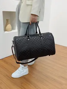 Checkerboard Leather Travel Duffel Bag
