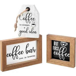 3Pcs/Set Coffee Bar Decor Sign,Mini Coffee Bar Sign,Farmhouse Coffee Accessories,Vintage Kitchen Wood Plaque for Tier Tray Decor,Fashion Frame Wooden,Christmas Party Gifts,Hand Tools Kits