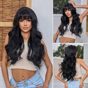 Black Long Wavy hair Wig with Bangs Natural Look Heat Resistant Synthetic fiber Wig for Women Daily Party hairline elegant wear lady girl