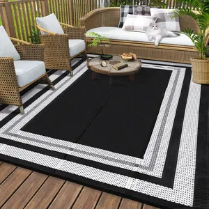 GARVEE Outdoor Rug for Patio 9x18 Plastic Straw Rug Waterproof Reversible Mat Modern Bordered Patio Rug for Porch RV Backyard Pool Deck Picnic Beach Trailer Camping Border-Black/White