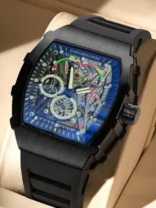 New Men's Casual Trendy Barrel Shaped Hollow Quartz Watch, Multi-Function Outdoor Sport Watch for Teens, Stylish Stainless Steel Analog Timepiece, Trendy Wristwatch, Trendy Multifunctional Watch