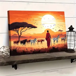 African Sunset Savanna Canvas Wall Art, Ready-To-Hang Framed Painting, Modern African Decor, Perfect Christmas Gift Home Decoration