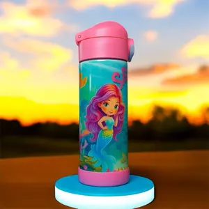 Termos for Kids Personalized with Mermaid Design and Pink Lid Custom Water Bottle for Children