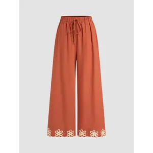 Cider Women's Soft Cotton-Blend Floral Drawstring Elastic Waist Trousers with Botanical Hem Embroidery, Mid-Rise Wide Leg Sweatpants for Summer Workwear & Casual School Outfits