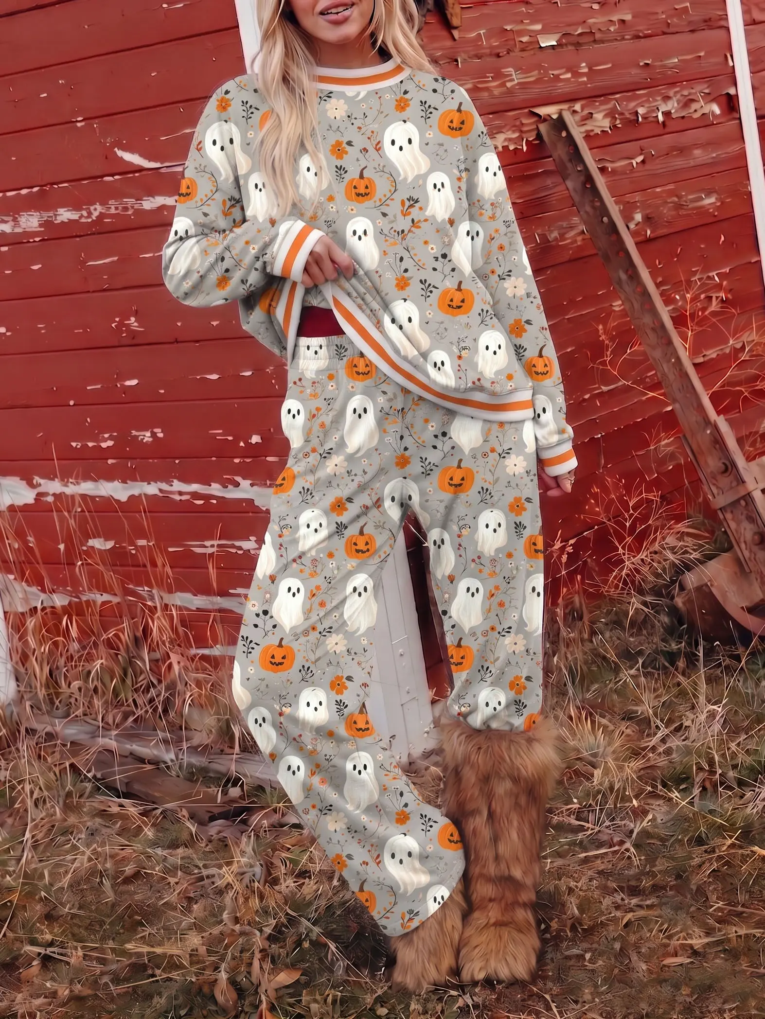 Women's 2-Piece Halloween Ghost & Pumpkin Loungewear Set - Long Sleeve Retro Striped Sweatsuit with Pockets, Spooky Fall Style Pants, Sweatpants Bottoms for Casual OOTD, Pullover