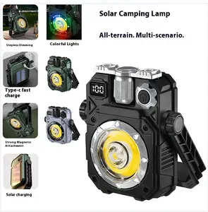 New Solar Camping Light Keychain Type-C Charging COB Work Light Magnetic with Multiple Sources LED Lamp Infinite Dimming Emergency Red Warning White Yellow Transition Rainbow Cycle Multifunctional Flashlight