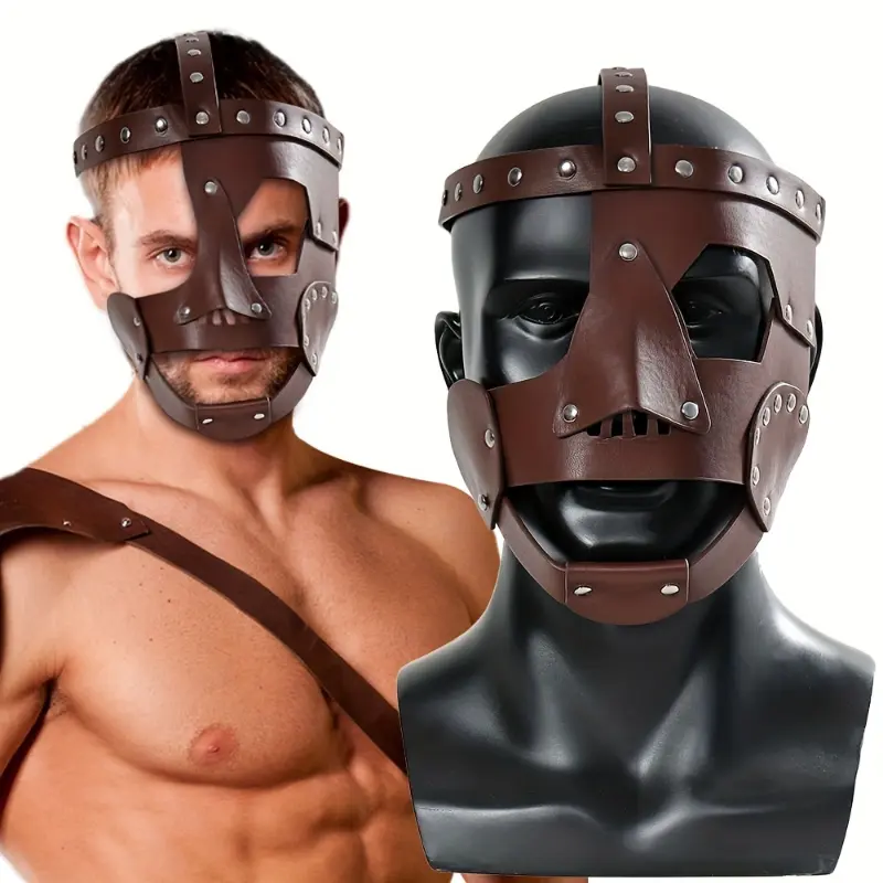 Vintage Punk Faux Leather Gladiator Headwear for Men, Roman Colosseum Style with Detailed Work and Rubber Accents for Cosplay & Street Style, Mask, Durable, Halloween, Character-Based, Accessory, Comfortable, Novelty, Egyptian Mythical Soldier Role Play,