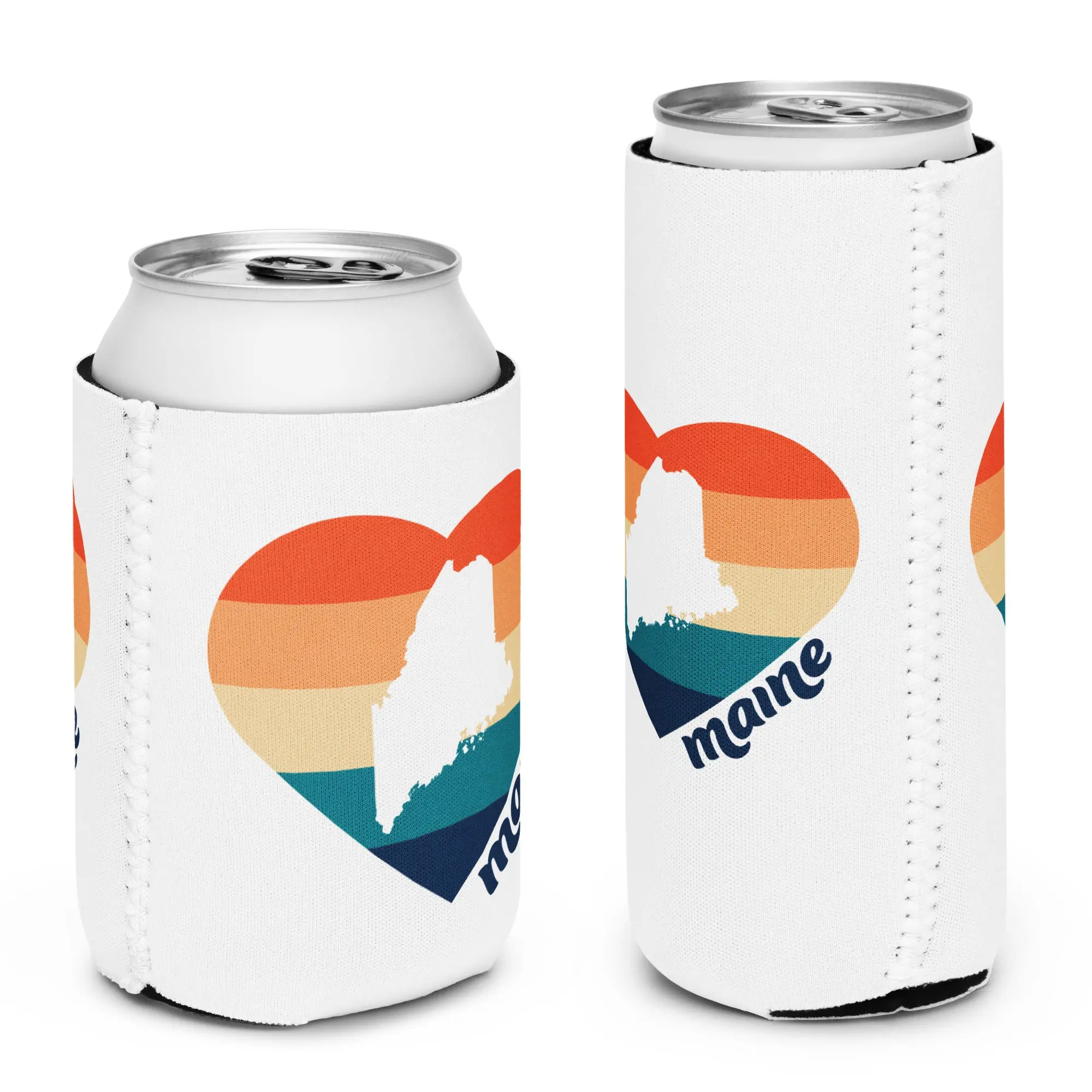 Maine Retro Heart Neoprene Coozie | Four Designs to Mix & Match | 12 oz Regular or Slim Can Cooler | Vintage Coastal Vibes Can Holder