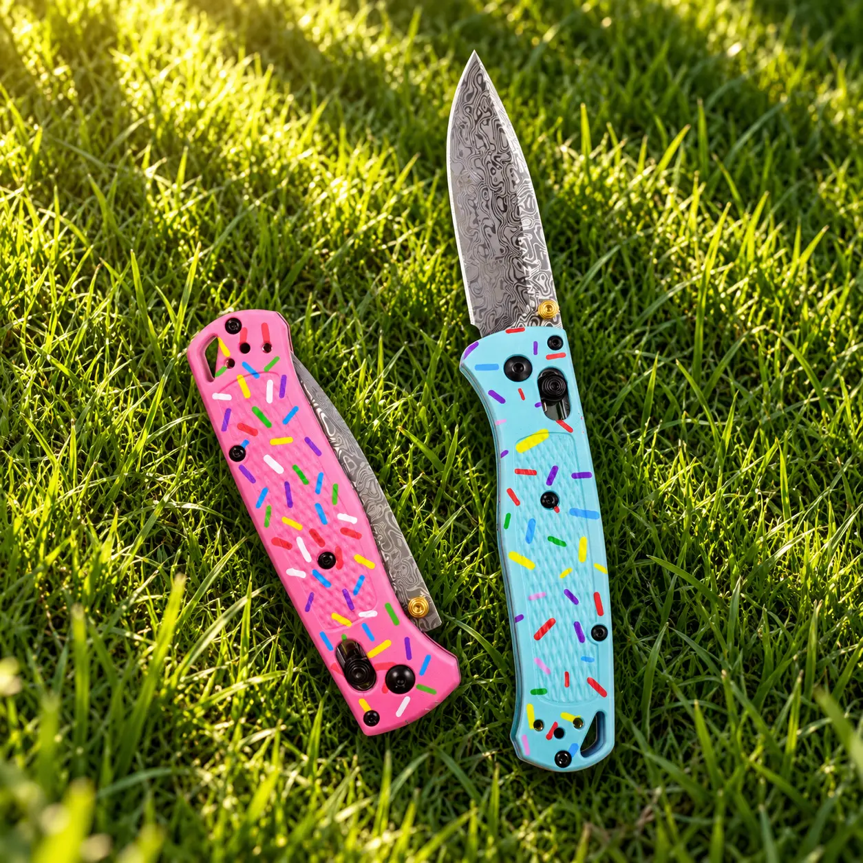 Damascus steel meets donut sprinkles  EDC Pocket Knife, Colorful Donut Handle, One-Hand Opening Outdoor Camping Tool