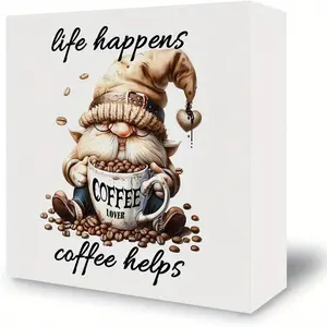 Coffee Bar Desk Decor Creative Desktop Decoration Wooden Box Sign, Funny Coffee Gnome Plaque for Office Kitchen Decoration, 5x5 Inches, White