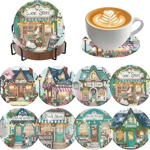 8-Piece Diamond Painting Coaster Set with Stand, Beautiful Pattern Decor for Home, DIY Art Craft Kit for Beginners, Coffee Table Mat