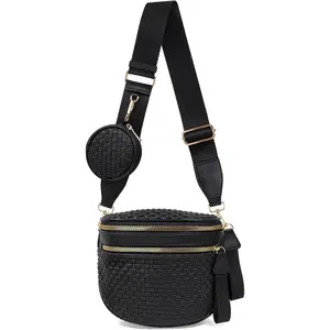 Valentoria Large Woven Leather Crossbody Bags for Women Checkered Bum Bag Sling Bag Purse Adjustable Strap Detachable Wallet| Woven, Checkered, Leather