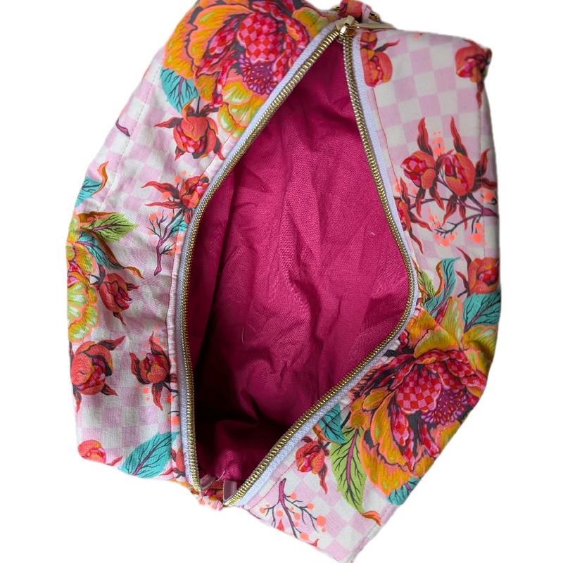 Pink Peony Anything Bag - Floral and leaf pattern with large peony motif on pink checkered background and gold colored hardware