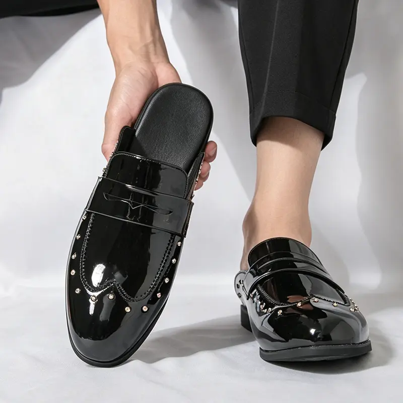 Men’s Glossy Leather Studded Rubber Open-Back Loafer Mules - Slip-On All-Season Dress Shoes, Suitable for Business & Casual Wear