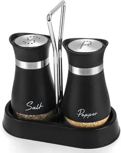 Salt and Pepper Shakers Set with Holder, 4 oz Stainless Steel Salt Pepper Shaker Containers with Glass Bottom for Kitchen Cooking, BBQ, Bar, Table, RV, Camp