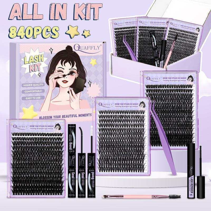 Lash Clusters Kit 840Pcs 10-18mm D Curl Lashes Clusters with Lash Bond&Seal Lash Remover Tweezers Double-Ended Brush DIY At Home(40+60+80D-KIT)