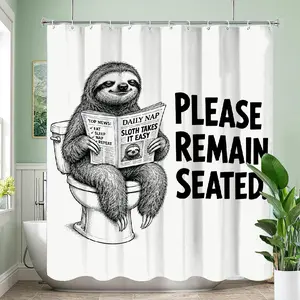 Funny Sloth Shower Curtain, Please Remain Seated Bathroom Decor, Polyester Shower Curtain with 12 Hooks, Multiple Sizes