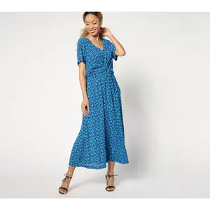 Isaac Mizrahi Live! Regular Printed Crinkle Knit Short Slv Maxi Dress