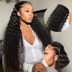 Alibonniehair Deep Wave Lace Front Wigs Human Hair Pre Plucked 13x4 Frontal Wigs Human Hair 180% Density Glueless Curly Wigs for Women Natural Color