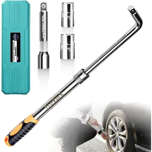 Extendable Lug Wrench with Flip Sockets, 4-in-1 Telescoping Tire Tool Set, 6 Position Adjustable 15.2" to 20.7", Includes 17/19mm & 21/23mm CR-V Sockets for Most Cars & SUV.