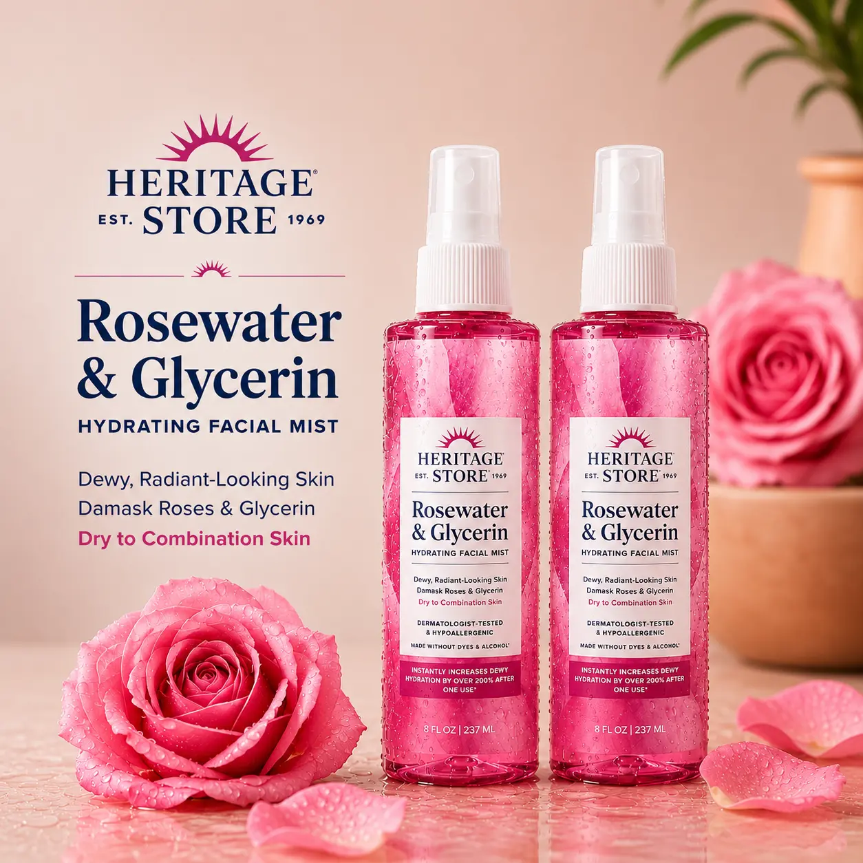 HERITAGE STORE Rosewater & Glycerin Hydrating Face Mist, Moisturizing Spray for a Radiant Dewy Glow, For Dry & Combination Skin, 8 fl oz, Moisturize
