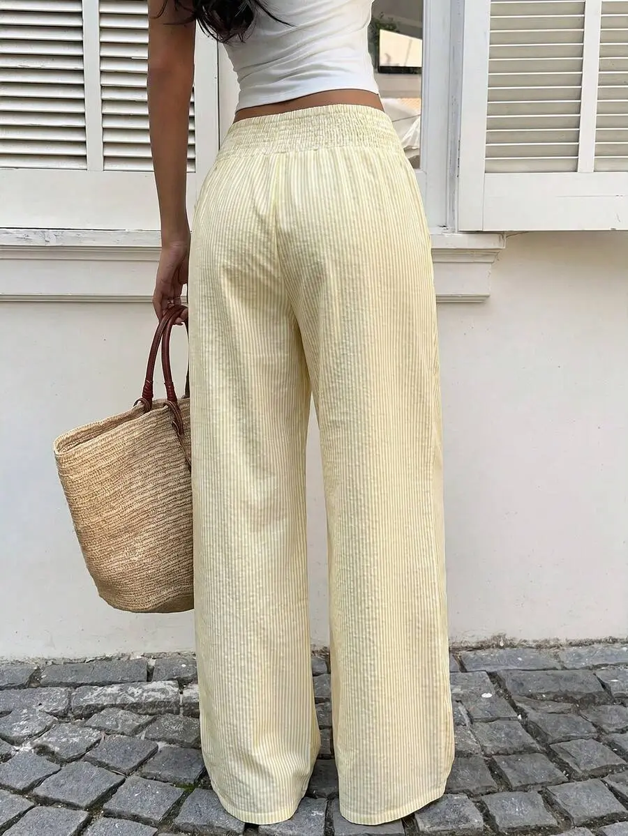 OGKN Women's Pale Yellow Summer Casual Vacation Holiday Stripe Drawstring Waist Straight Leg Pants,Cotton Spring Minimalist Beach Shopping Pants