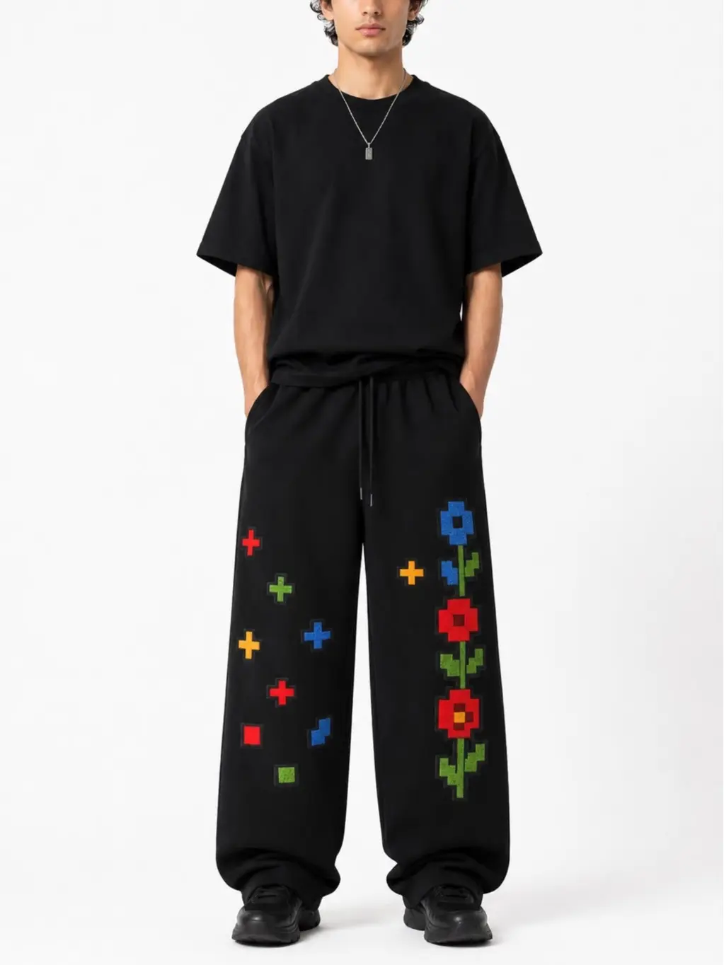 ZYRO Pixel Garden Embroidered Joggers Heavyweight Tapered Fit Sweatpants for Men Women