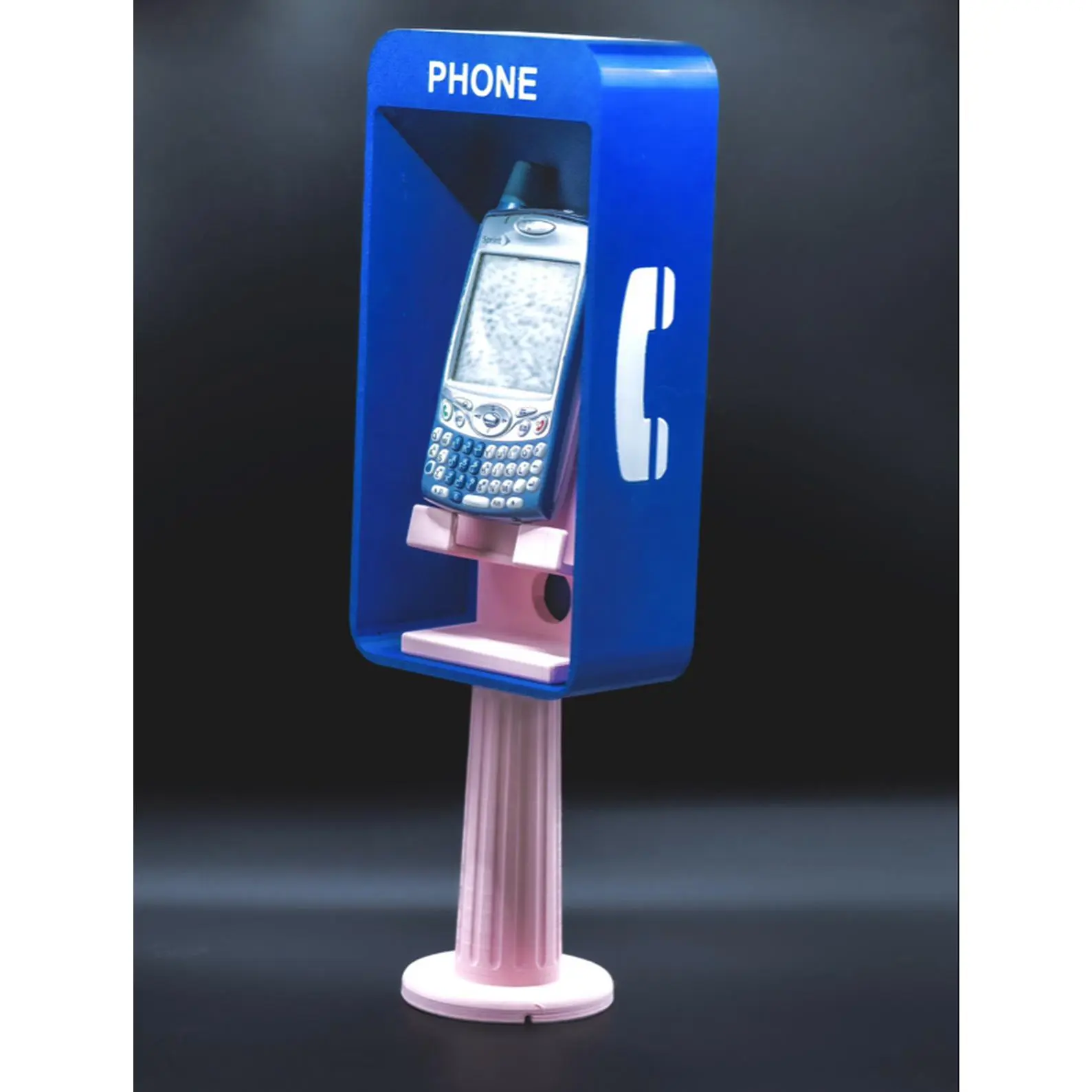 Retro Payphone 3D Printed Phone Holder Dark Blue with Pink Stands for Unique Decorative Display
