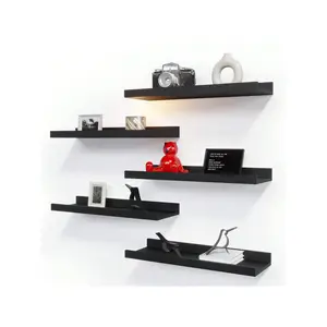 5ps 15.7 Inch Long Floating Bookshelf For Kids Room Black Wall Mounted Shelves With Lip For Storage, Display Picture Ledge Shelf For Bedroom Bathroom Kitchen Living Room Wall Decor Black