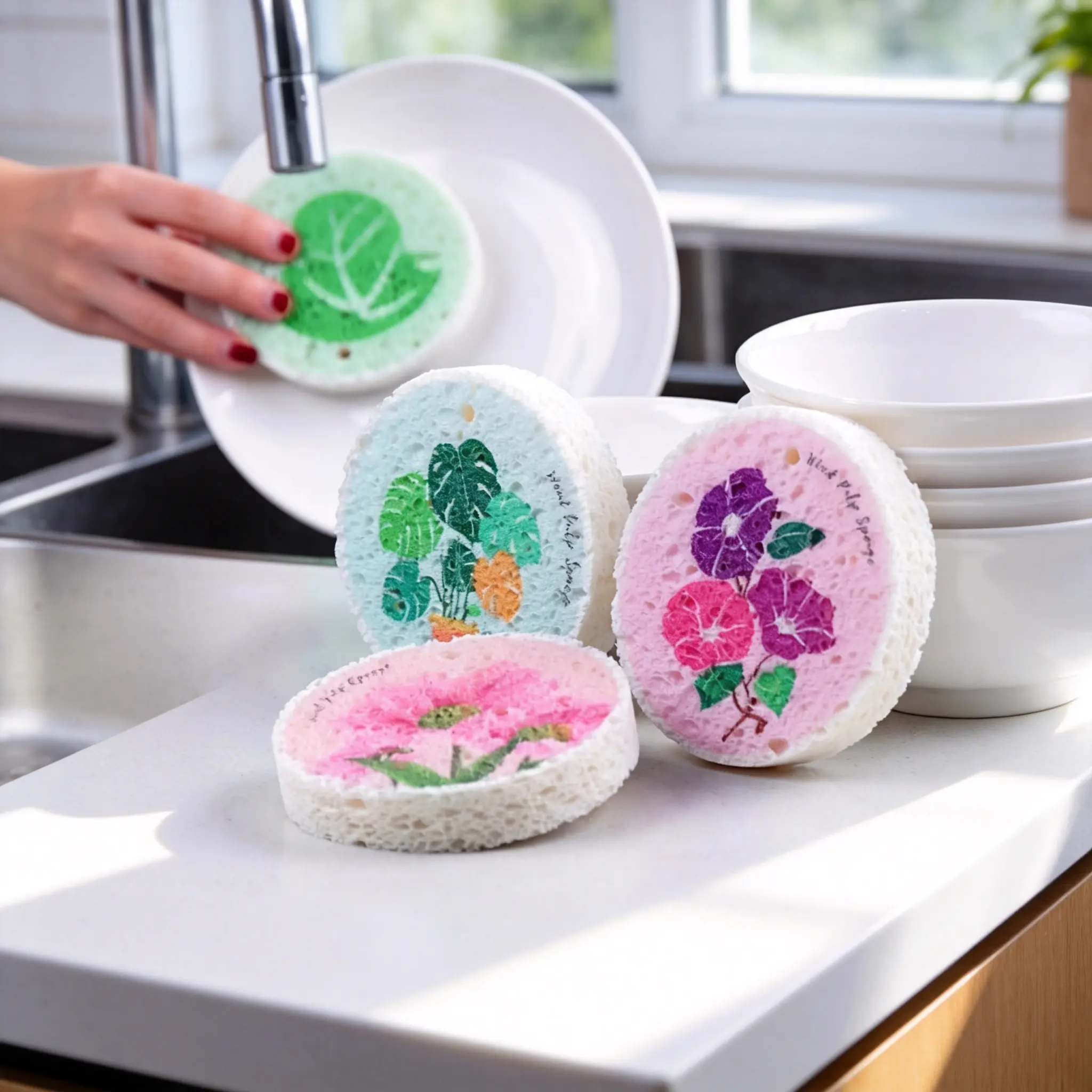 Cute Cartoon Cellulose Sponge Scrubbers, Super Absorbent Kitchen Dish Sponges, Compressed Wood Pulp Cleaning Pads, Scratch Free Dishwashing Sponge for Kitchen Sink, Plates & Countertops