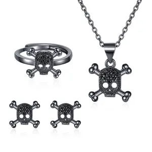 Steampunk Skull Jewerly Sets Women Black Gold Color Skeleton Rings Necklace Earrings Zircon Goth Halloween Accessories