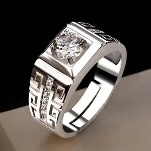 Large Crystal Open Ring for Men – Sterling Silver 925 Plated – Elegant Wedding & Party Jewelry