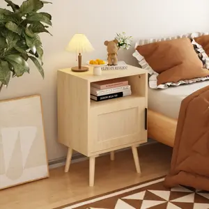 22.83'' H Rattan Nightstand, Side Table with Door Open Shelf,  Accent Bedside End Table with Solid Wood Legs for Bedroom, Dorm and Small Spaces