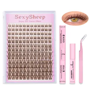 Sexysheep Brown Lash Clusters Kit, Individual Cluster Lash, Natural Dark Brown Eyelash Extensions Kit for DIY Lash Extensions, Eyelashes in D Curl, Beginner Friendly with Mixed Lengths Eyelash kit with Bond&Seal&Remove&Eyelash Tweezers Eyelash Glue
