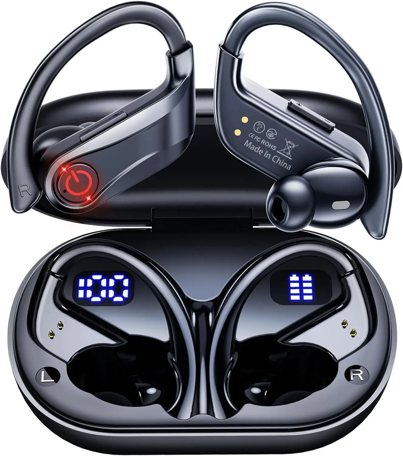 INSONIXN TWS Wireless Earbuds - Portable Electronic Audio Headphones with Charging Case, Digital Noise Cancelling, In-Ear Stereo Deep Bass, Hooks, IPX7 Waterproof, LED Display, Button Control for Sports, Running