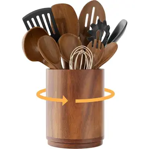 360° Rotating Acacia Wood Kitchen Utensil Holder, 7.2" Large Countertop Cooking Utensil Crock, Wooden Utensils Organizer for Cooking Spatula Storage
