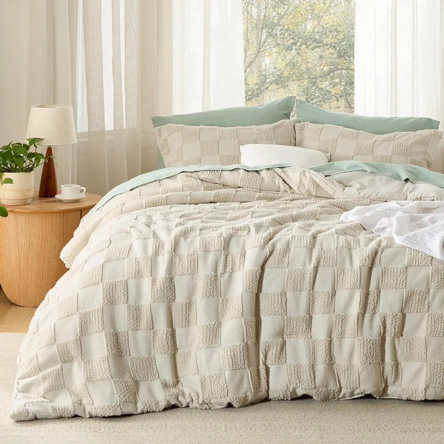 Queen Size Breathable Microfiber Soft Bedding Set - Beige Boho Tufted Checkered Farmhouse Plaid Geometric Ultra Soft Comforter with 2 Pillow Shams