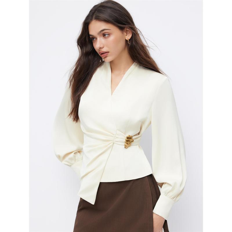 Cider Satin V-neck Long Sleeve Wrap Ruched Metal Detail Blouse