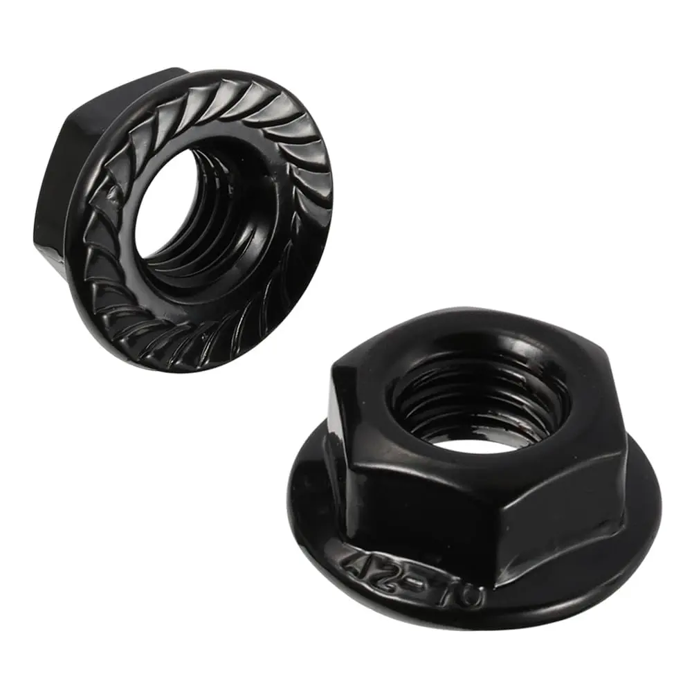 1/4-20 304 Stainless Steel Serrated Flanged Hex Lock Nuts, 18-8 Black Finish, 25-Count Full Thread, Surface Grip, Mild Vibration Resistance, Good Strength, Bad Environment Resistance for Automotive Wheel Accessories