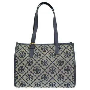 Tory Burch T Monogram 32 Classic Tote Bag with Leather Trim and Zipper Closure in Navy Blue for Women